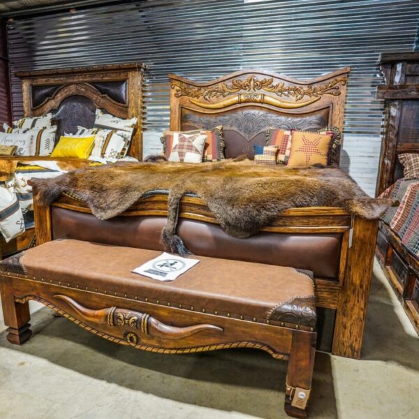 Longhorn Hand carved leather tooled  and hand carved wood King bedroom set